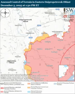 Assessed Control of Terrain in Eastern Dnipropetrovsk Oblast, December 5, 2025 at 1:30 PM ET