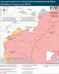 Assessed Control of Terrain in the Eastern Dnipropetrovsk Direction, December 6, 2025 at 1:30 PM ET