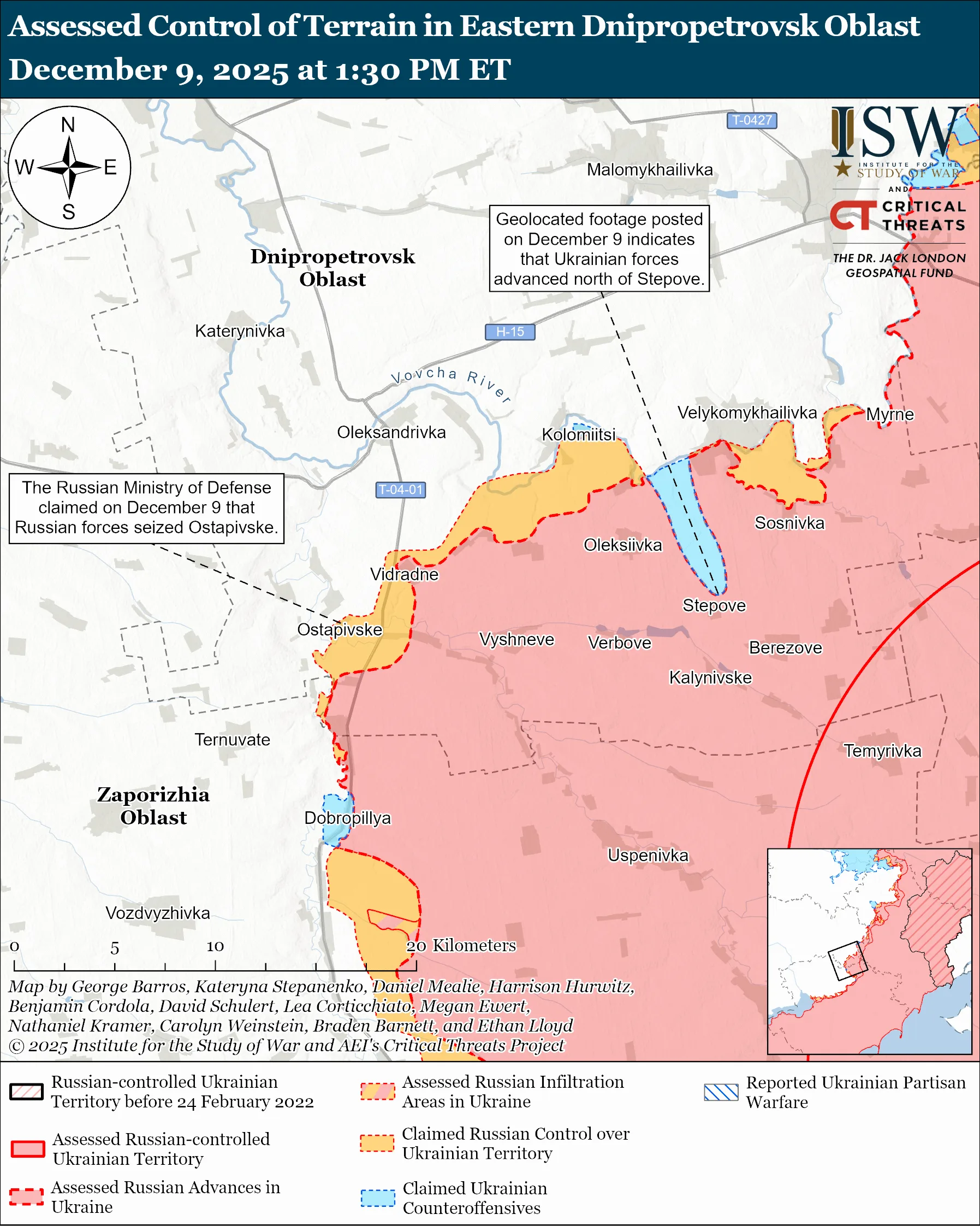 Assessed Control of Terrain in Eastern Dnipropetrovsk Oblast, December 9, 2025 at 1:30 PM ET