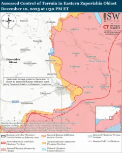 Assessed Control of Terrain in Eastern Zaporizhia Oblast, December 10, 2025 at 1:30 PM ET