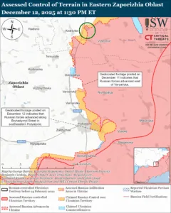 Assessed Control of Terrain in Eastern Zaporizhia Oblast, December 12, 2025