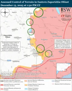 Assessed Control of Terrain in Eastern Zaporizhia Oblast, December 13, 2025 at 1:30 PM ET