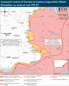 Assessed Control of Terrain in Eastern Zaporizhia Oblast, December 14, 2025 at 1:30 PM ET