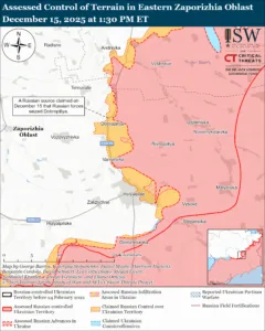 Assessed Control of Terrain in Eastern Zaporizhia Oblast, December 15, 2025 at 1:30 PM ET