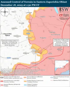 Assessed Control of Terrain in Eastern Zaporizhia Oblast, December 18, 2025 at 1:30 PM ET