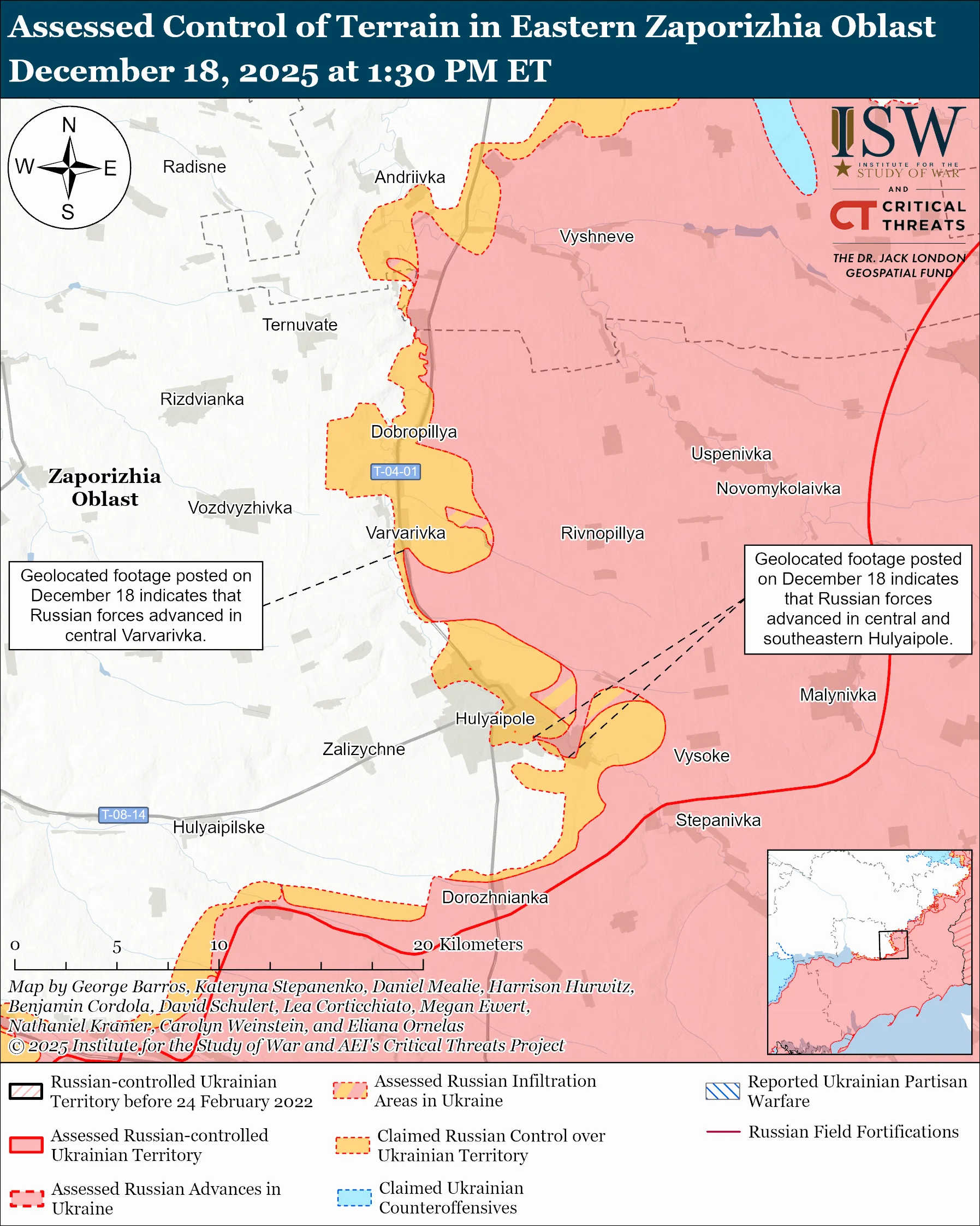 Assessed Control of Terrain in Eastern Zaporizhia Oblast, December 18, 2025 at 1:30 PM ET