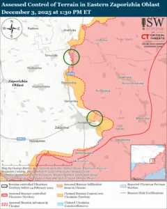 Assessed Control of Terrain in Eastern Zaporizhia Oblast, December 3, 2025 at 1:30 PM ET