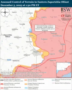 Assessed Control of Terrain in Eastern Zaporizhia Oblast, December 5, 2025 at 1:30 PM ET