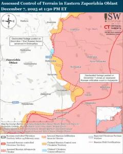 Assessed Control of Terrain in Eastern Zaporizhia Oblast, December 7, 2025 at 1:30 PM ET