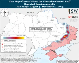 Heat Map of Areas Where the Ukrainian General Staff Reported Russian Assaults, Date Range: August 4 – December 11, 2025