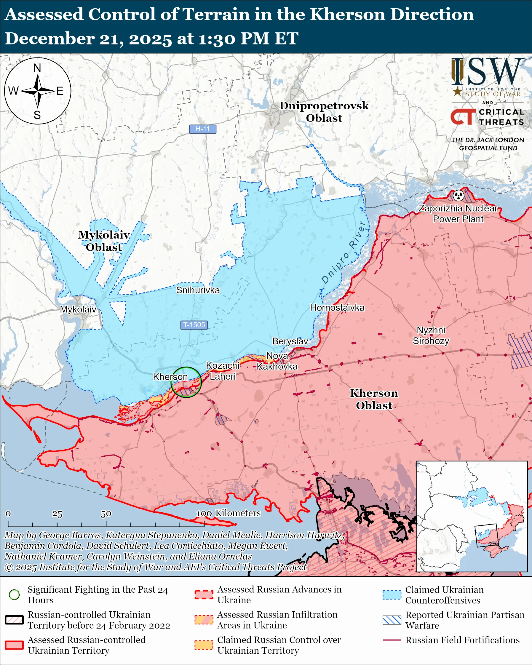 Assessed Control of Terrain in the Kherson Direction, December 21, 2025 at 1:30 PM ET