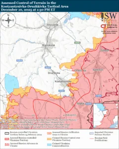 Assessed Control of Terrain in the Kostyantynivka-Druzhkivka Tactical Area, December 10, 2025 at 1:30 PM ET
