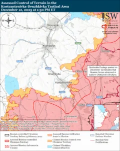 Assessed Control of Terrain in the Kostyantynivka-Druzhkivka Tactical Area, December 12, 2025 at 1:30 PM ET