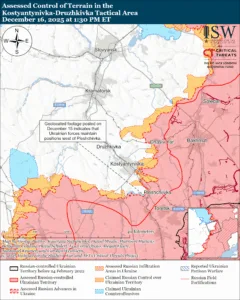 Assessed Control of Terrain in the Kostyantynivka-Druzhkivka Tactical Area, December 16, 2025 at 1:30 PM ET