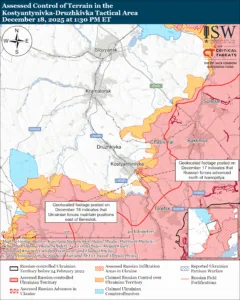 Assessed Control of Terrain in the Kostyantynivka-Druzhkivka Tactical Area, December 18, 2025 at 1:30 PM ET