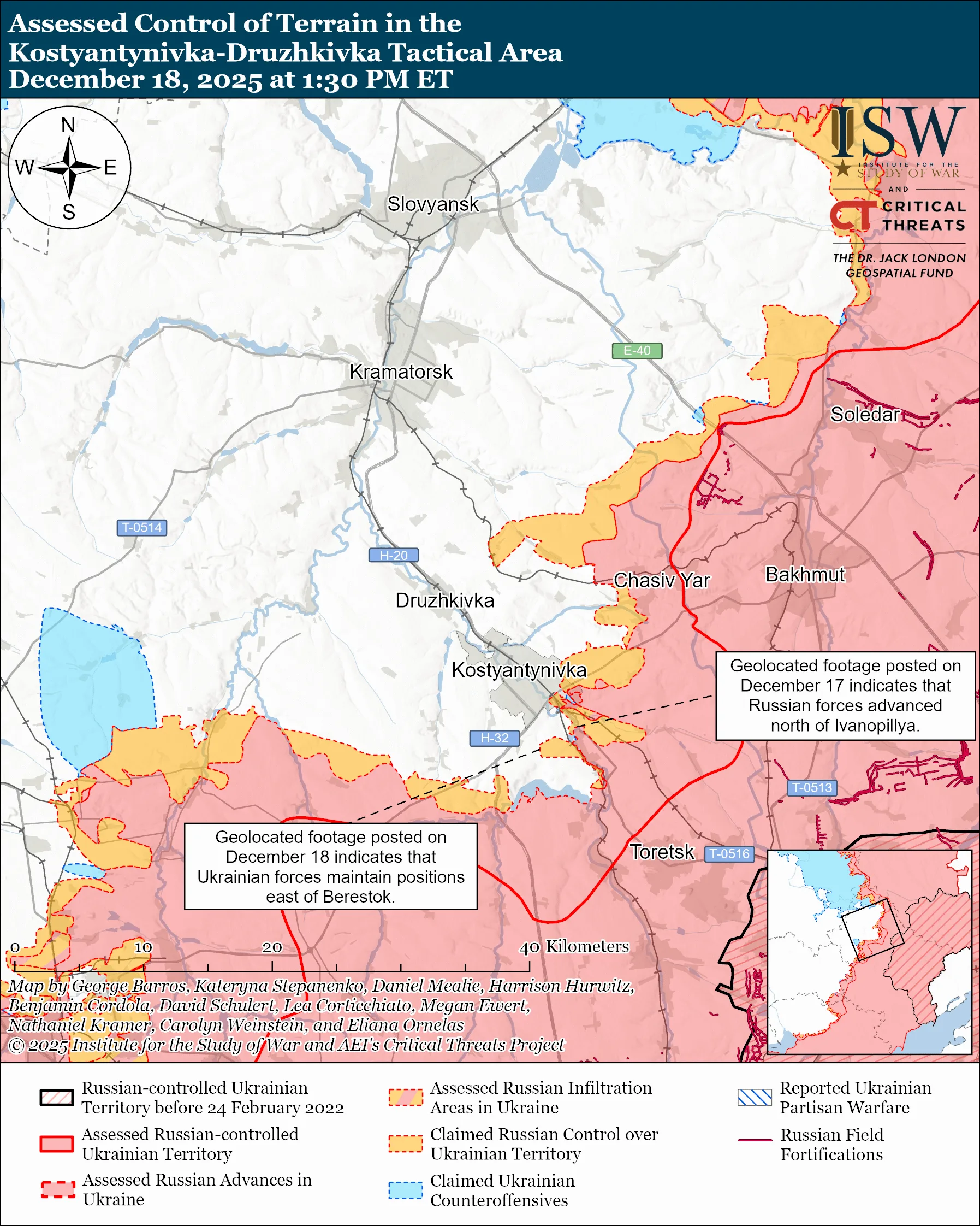 Assessed Control of Terrain in the Kostyantynivka-Druzhkivka Tactical Area, December 18, 2025 at 1:30 PM ET