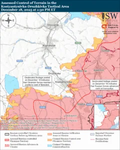 Assessed Control of Terrain in the Kostyantynivka-Druzhkivka Tactical Area, December 18, 2025 at 1:30 PM ET