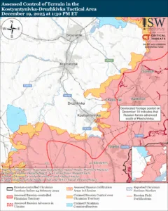 Assessed Control of Terrain in the Kostyantynivka-Druzhkivka Tactical Area, December 19, 2025 at 1:30 PM ET