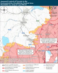 Assessed Control of Terrain in the Kostyantynivka-Druzhkivka Tactical Area, December 21, 2025 at 1:30 PM ET