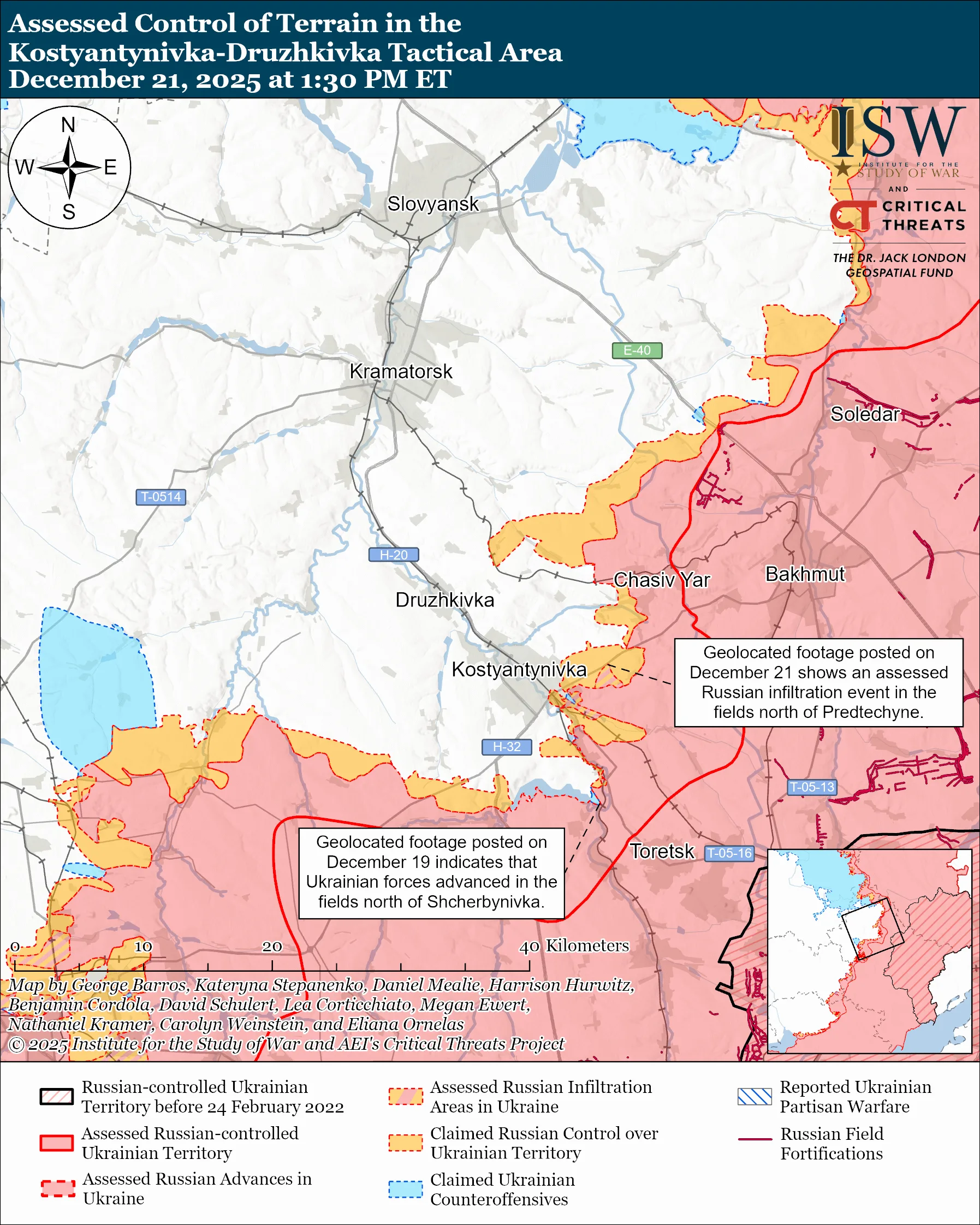 Assessed Control of Terrain in the Kostyantynivka-Druzhkivka Tactical Area, December 21, 2025 at 1:30 PM ET