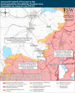 Assessed Control of Terrain in the Konstyantynivka-Druzhkivka Tactical Area, December 22, 2025 at 1:30 PM ET