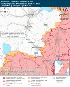Assessed Control of Terrain in the Kostyantynivka-Druzhkivka Tactical Area, December 5, 2025 at 1:30 PM ET