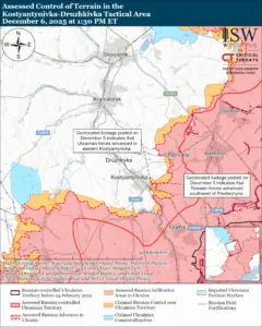 Assessed Control of Terrain in the Konstyantynivka-Druzhkika Tactical Area, December 6, 2025 at 1:30 PM ET