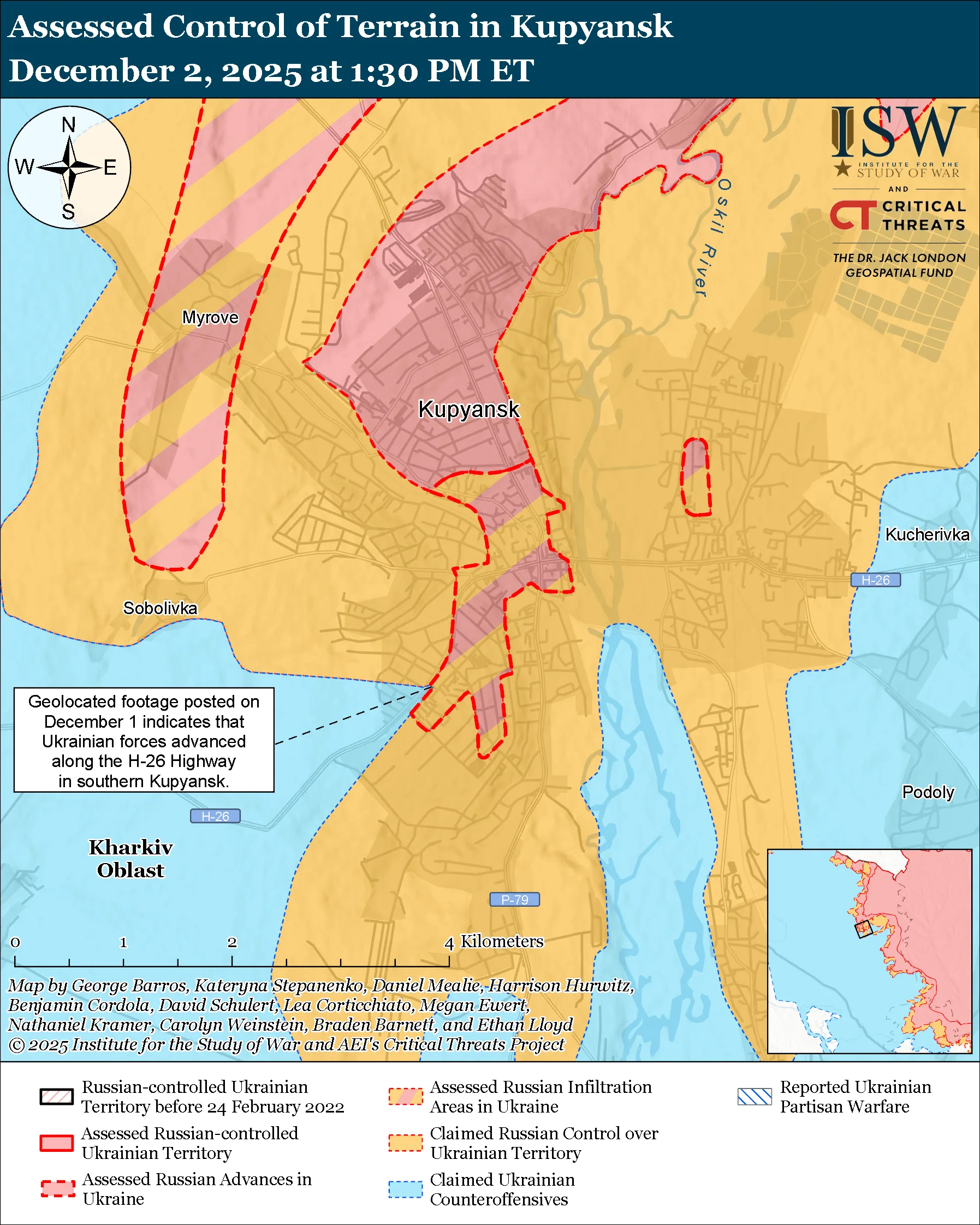 Assessed Control of Terrain in Kupyansk, December 2, 2025 at 1:30 PM ET