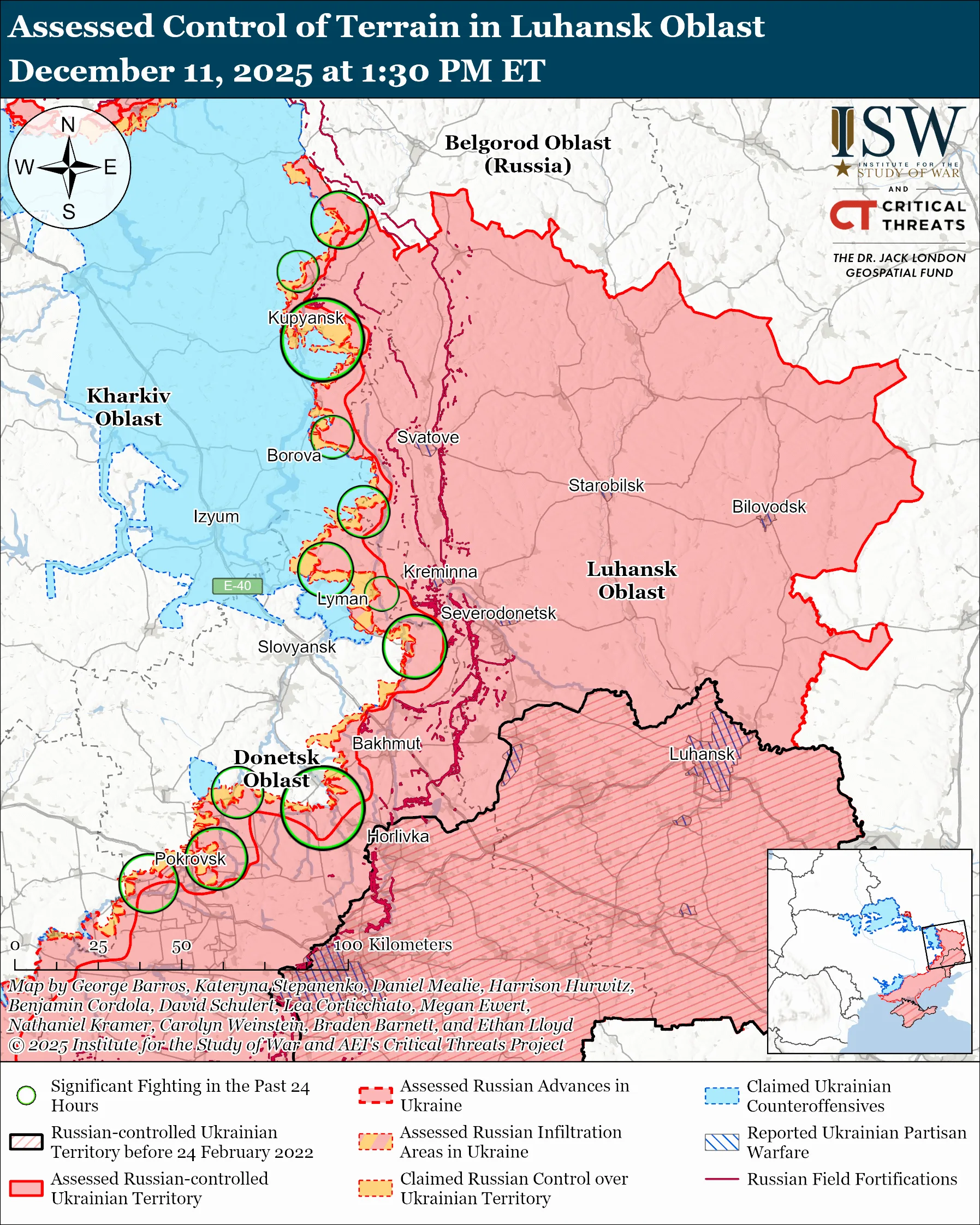 Assessed Control of Terrain in the Luhansk Oblast, December 11, 2025 at 1:30 PM ET