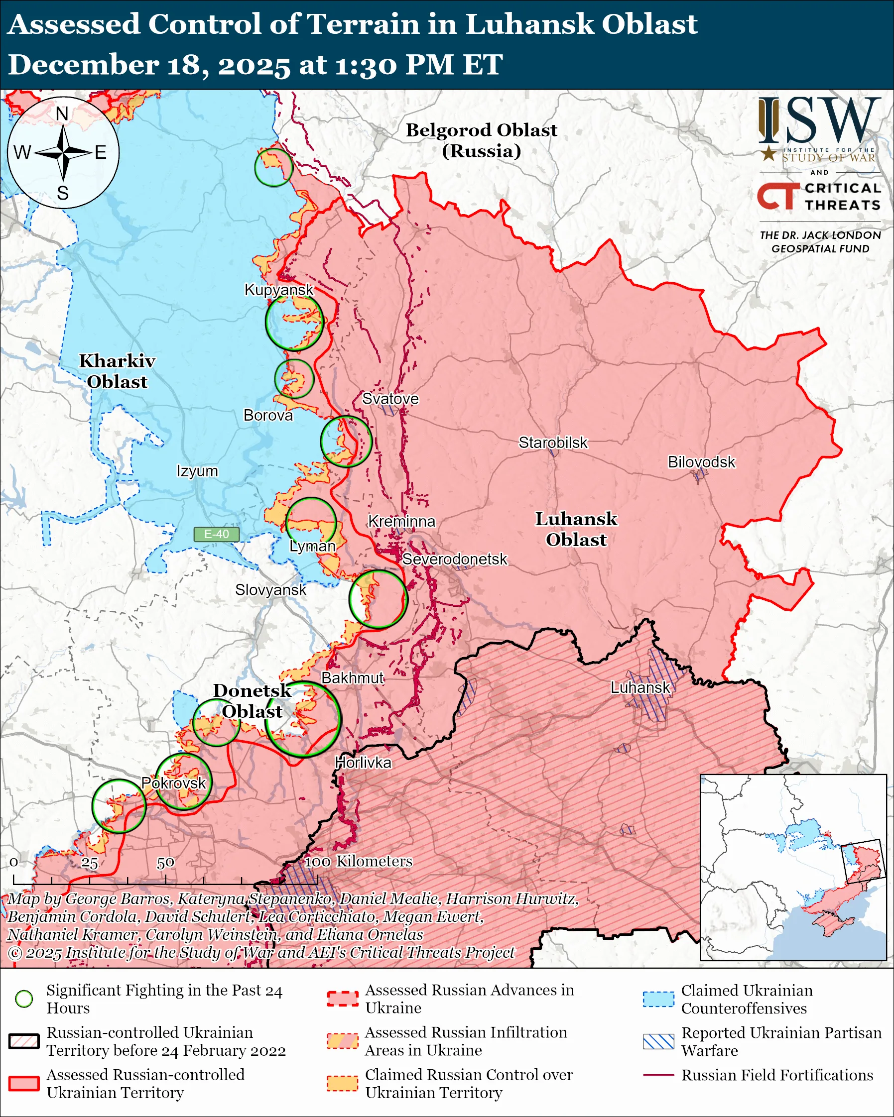 Assessed Control of Terrain in Luhansk Oblast, December 18, 2025 at 1:30 PM ET