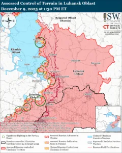 Assessed Control of Terrain in Luhansk Oblast, December 9, 2025 at 1:30 PM ET