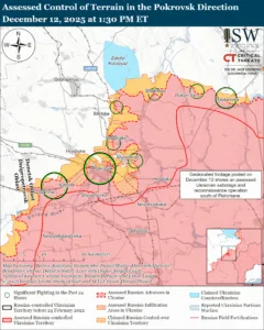 Assessed Control of Terrain in the Pokrovsk Direction, December 12, 2025 at 1:30 PM ET