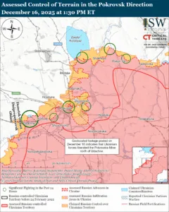 Assessed Control of Terrain in the Pokrovsk Direction, December 16, 2025 at 1:30 PM ET