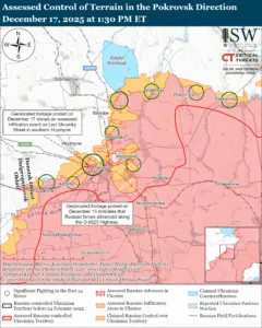 Assessed Control of Terrain in the Pokrovsk Direction, December 17, 2025 at 1:30 PM ET