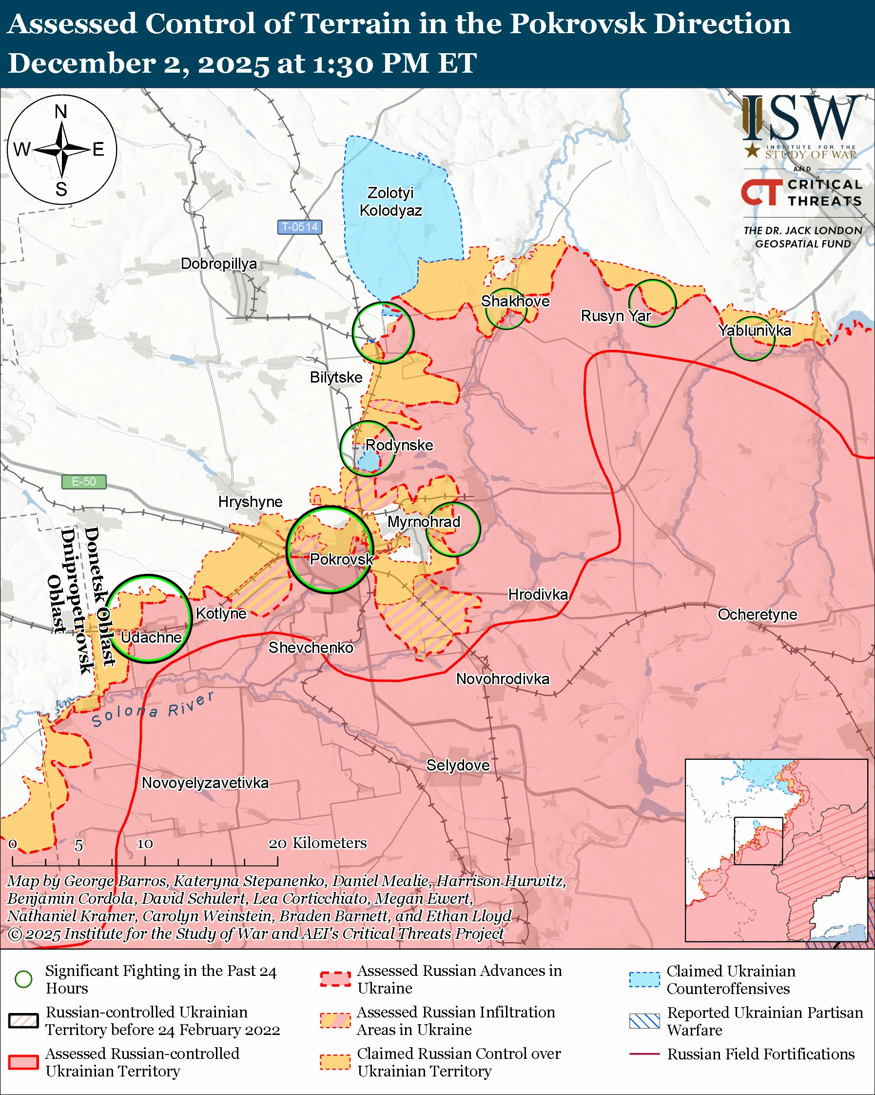 Assessed Control of Terrain in the Pokrovsk Direction, December 2, 2025 at 1:30 PM ET