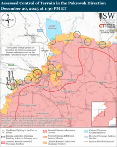 Assessed Control of Terrain in the Pokrovsk Direction, December 20, 2025 at 1:30 PM ET