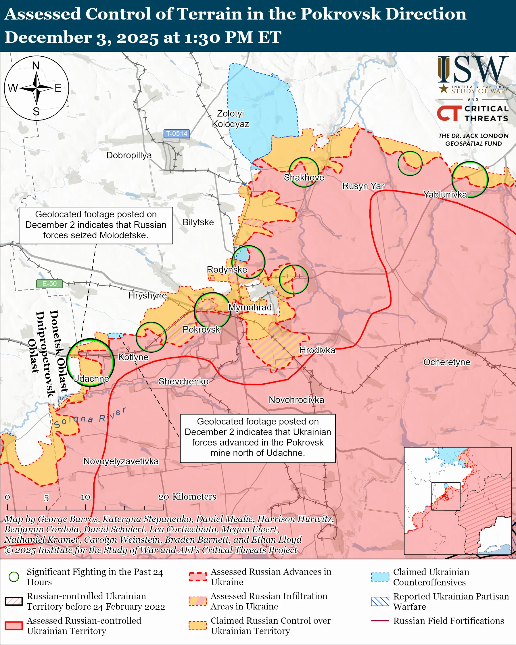 Assessed Control of Terrain in the Pokrovsk Direction, December 3, 2025 at 1:30 PM ET