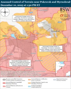 Assessed Control of Terrain in Pokrovsk and Myrnohrad, December 10, 2025 at 1:30 PM ET