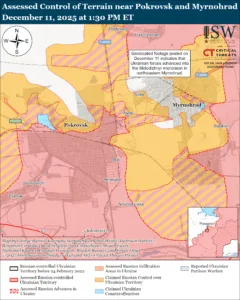 Assessed Control of Terrain in Pokrovsk and Myrnohrad, December 11, 2025 at 1:30 PM ET