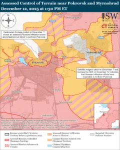 Assessed Control of Terrain near Pokrovsk and Myrnohrad, December 12, 2025 at 1:30 PM ET