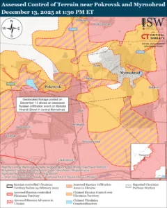 Assessed Control of Terrain in Pokrovsk and Myrnohrad, December 13, 2025 at 1:30 PM ET