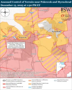 Assessed Control of Terrain near Pokrovsk and Myrnohrad, December 15, 2025 at 1:30 PM ET