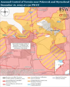Assessed Control of Terrain near Pokrovsk and Myrnohrad, December 16, 2025 at 1:30 PM ET