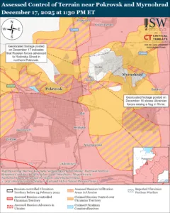 Assessed Control of Terrain in Pokrovsk and Myrnohrad, December 17, 2025 at 1:30 PM ET