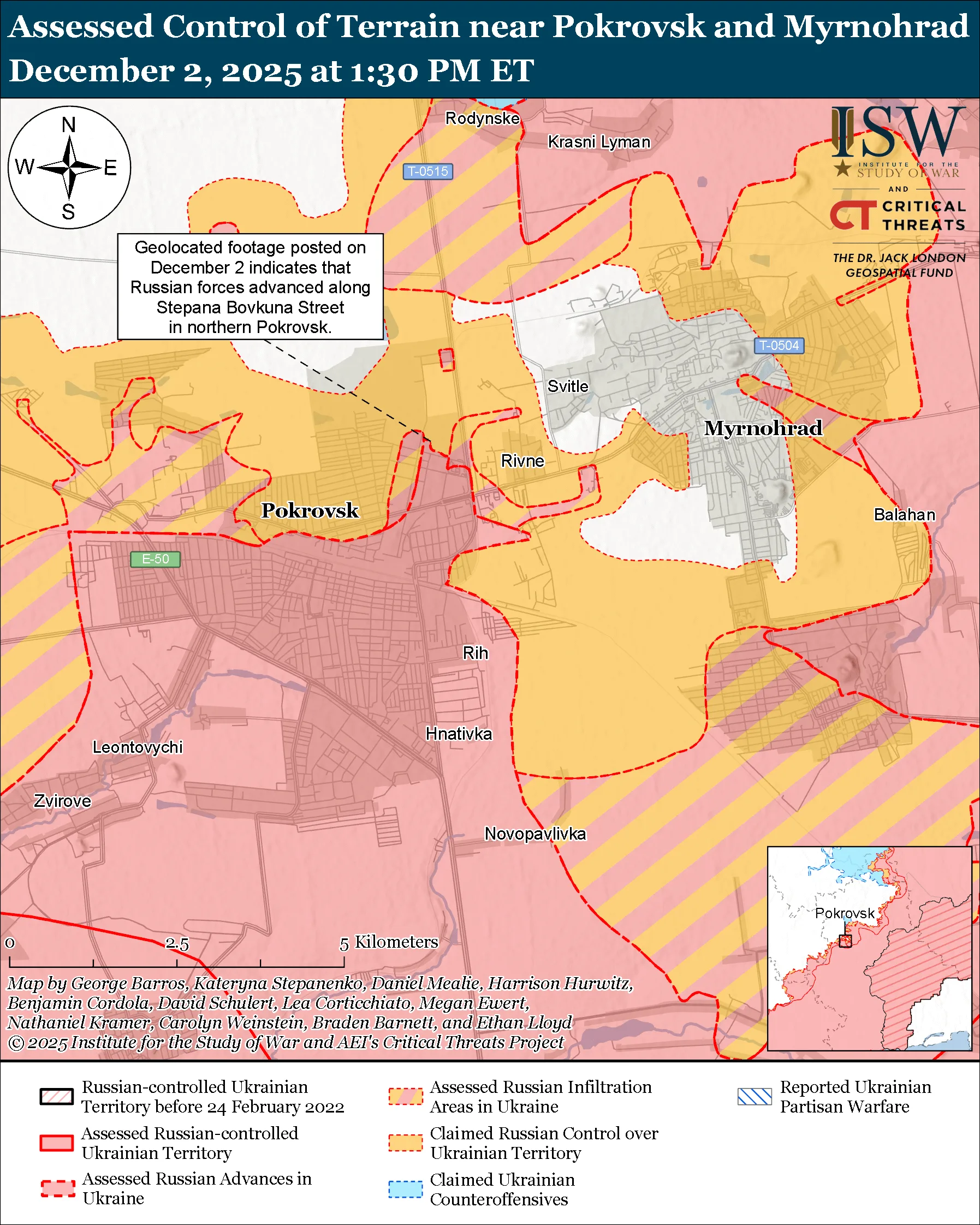 Assessed Control of Terrain near Pokrovsk and Myrnohrad, December 2, 2025 at 1:30 PM ET