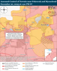 Assessed Control of Terrain near Pokrovsk and Myrnohrad, December 20, 2025 at 1:30 PM ET