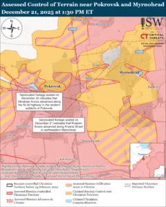 Assessed Control of Terrain in Pokrovsk and Myrnohrad, December 21, 2025 at 1:30 PM ET