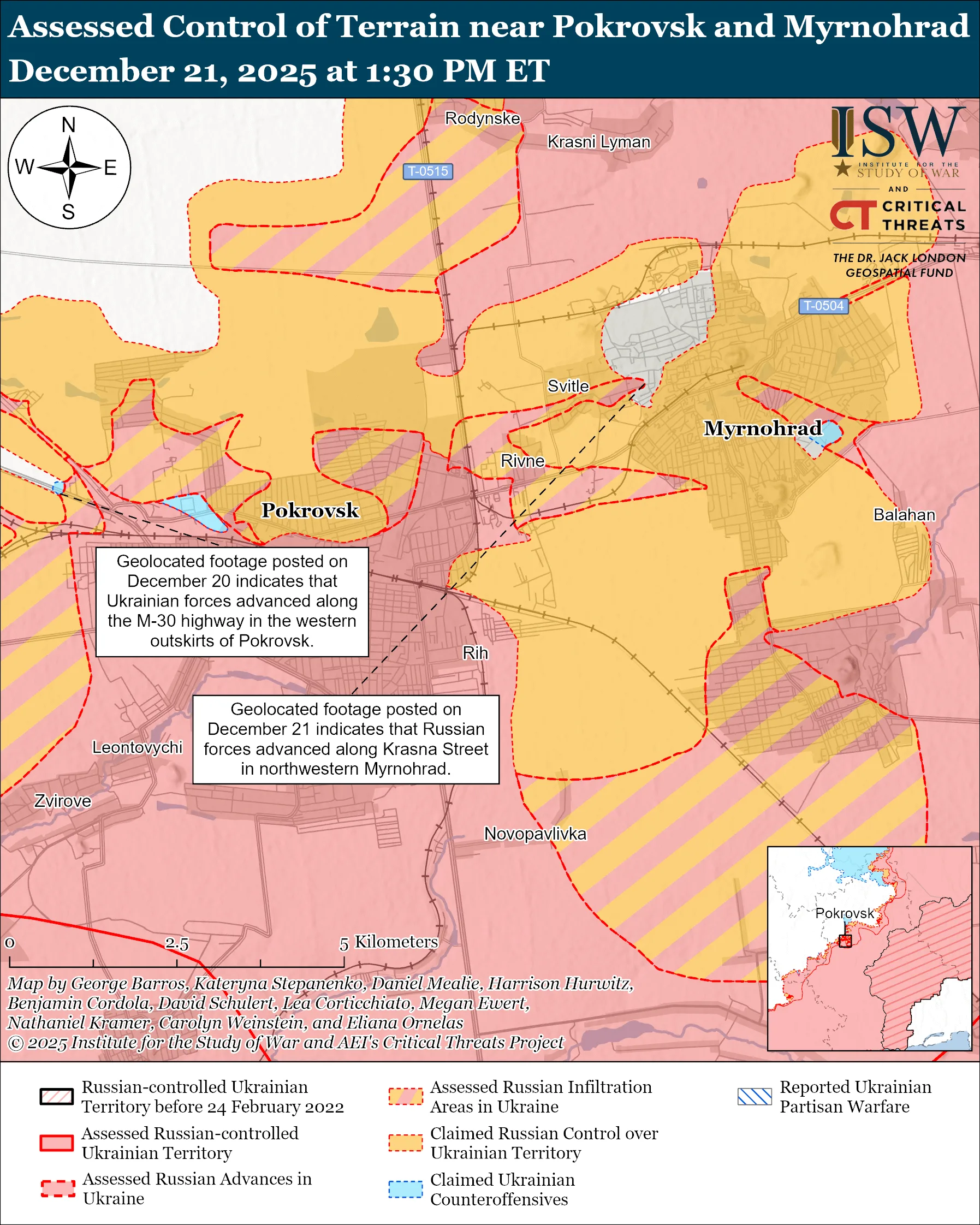  Assessed Control of Terrain in Pokrovsk and Myrnohrad, December 21, 2025 at 1:30 PM ET