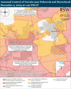 Assessed Control of Terrain near Pokrovsk and Myrnohrad, December 5, 2025 at 1:30 PM ET
