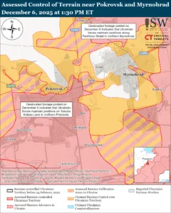 Assessed Control of Terrain near Pokrovsk and Myrnohrad, December 6, 2025 at 1:30 PM ET